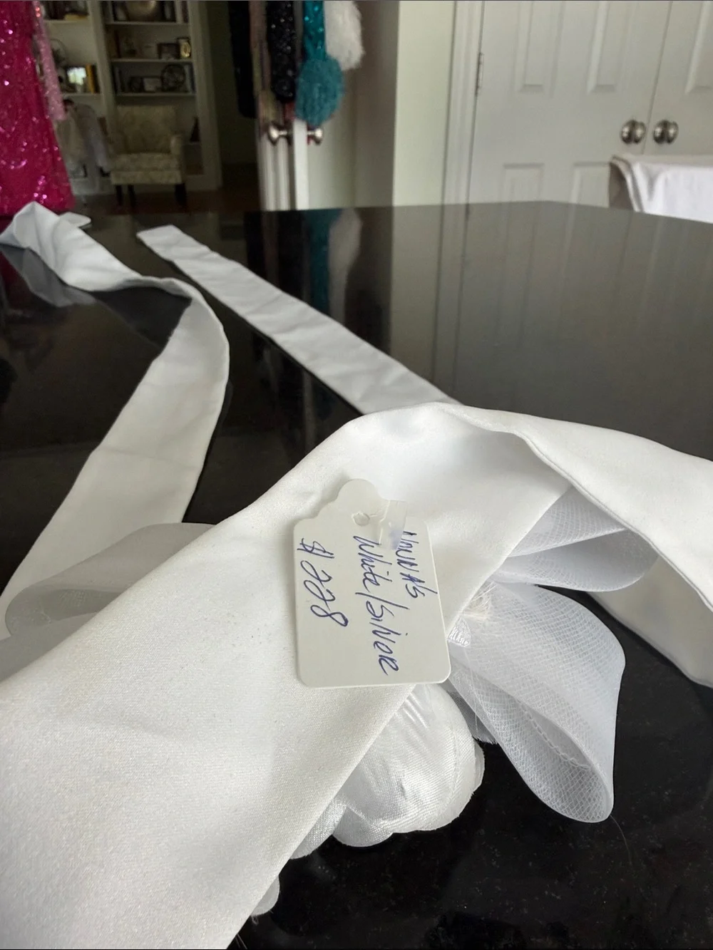 White Floral Satin Sash Belt with Crystal Accents